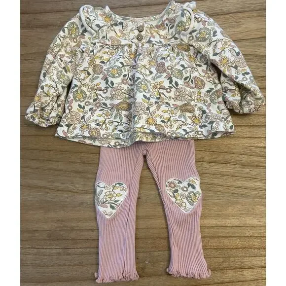 Chickpea Organic Girls Floral Set 12M Pink Botanical Cotton Stretch Outfit - Picture 2 of 9